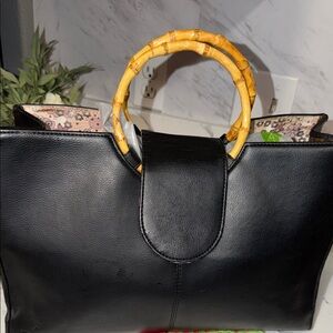 Elegant Black Leather Tote with Bamboo Handles
